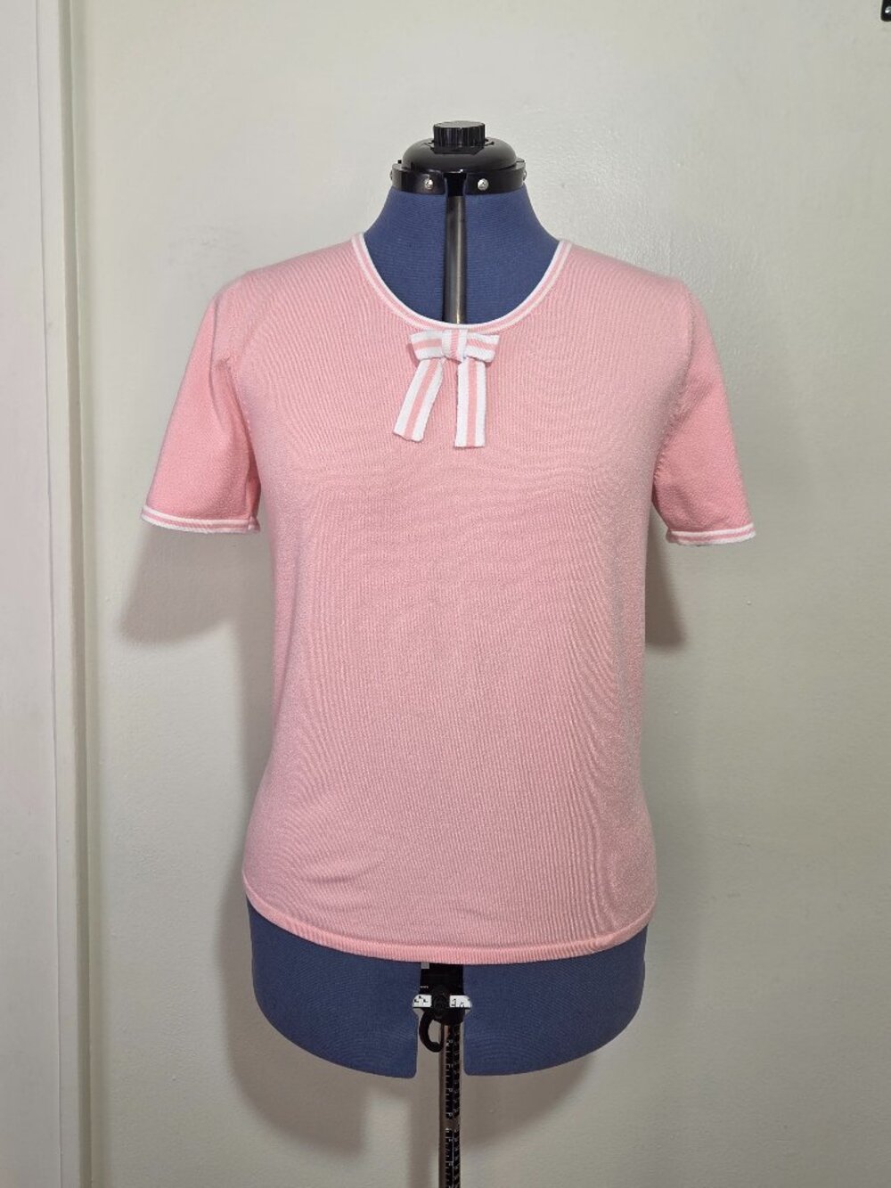 Vintage 90’s Pink and White Scoop Neck Short Sleeve Bow Detail Sweater